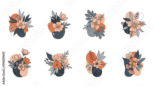 Set of eight elegant floral bouquets featuring peach flowers and dark blue leaves arranged on organic shapes.