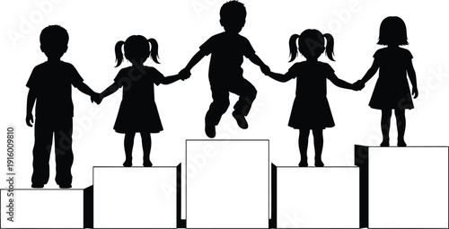 Black vector silhouette illustration of five young children holding hands while standing and jumping on block steps isolated on white background for design.