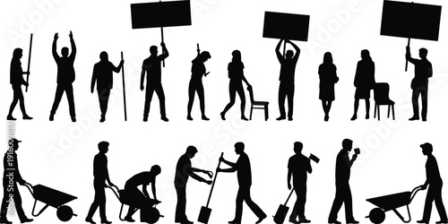 Worker silhouettes set, protestors and laborers with tools and wheelbarrow, industrial people collection isolated on white