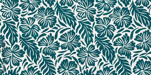 A seamless floral pattern featuring stylized dark teal hibiscus blossoms
