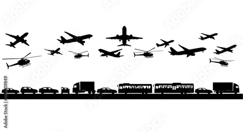 Silhouette of various aircraft and ground vehicles in a collage.