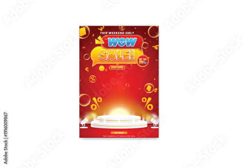 A vibrant advertisement for a weekend sale featuring a young woman with headphones