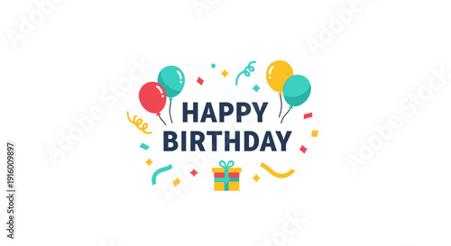 Colorful birthday graphic with balloons confetti and a birthday cake