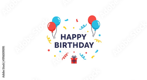 Colorful birthday celebration graphic with balloons confetti and a gift