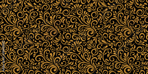 Intricate golden floral pattern on a dark black background a seamless design