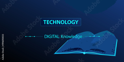 Digital technology and knowledge represented by an open book with glowing lines