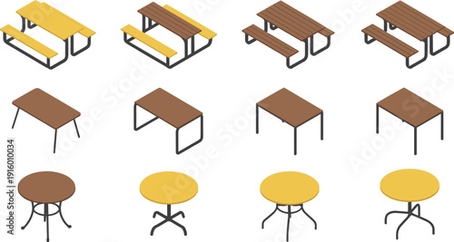 Isometric picnic tables and outdoor bench set with wooden park furniture and round café tables, modern recreation equipment collection isolated on white background.