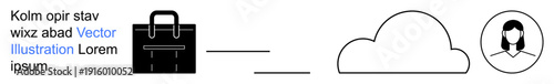 Cloud computing, data access, file sharing, user profiles, digital storage, technology icons. A briefcase, connecting lines a cloud and a user symbol. Cloud computing and data access concept