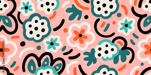 Playful floral pattern with abstract shapes and a vibrant color scheme