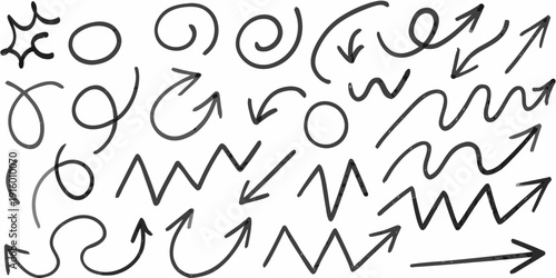 Collection of hand drawn doodle shapes lines arrows and abstract swirls