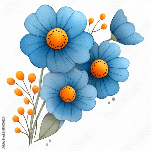 Wallpaper Mural Delicate Blue Watercolor Flowers with Orange Centers and Berries Torontodigital.ca