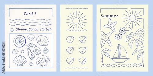 Illustrative cards featuring summer marine life seashells and sunny beach imagery