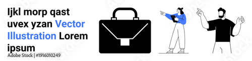 Black briefcase and two people pointing in opposite directions, stylish modern art style. Ideal for business branding, teamwork, creativity, communication, presentations, career tools, simple landing