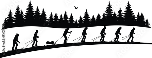 Cross country skiing silhouettes in winter forest landscape with trees and bird isolated on white background