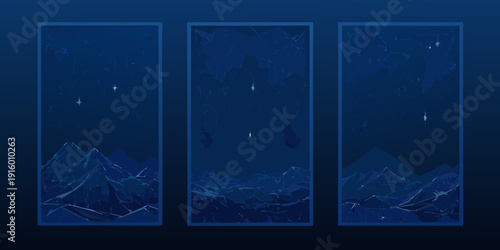 A triptych displaying a dark blue mountain range beneath a starry night sky