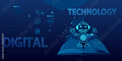 Digital technology and learning a robot reading from an open book