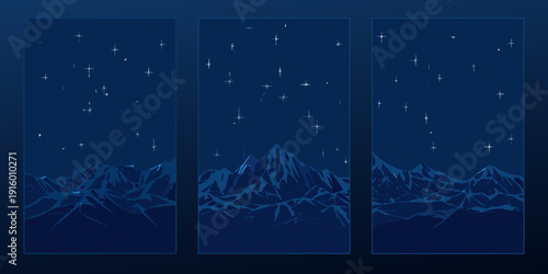 A triptych displaying a dark blue night sky above silhouetted mountains