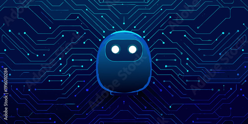 A robotic character centered against a complex digital circuit board background