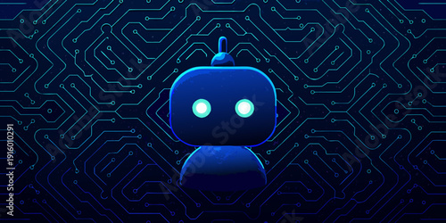 A cute blue robot stands against a backdrop of intricate circuit board patterns