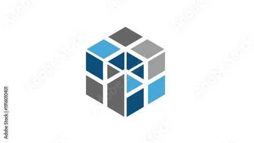 A 3D cube composed of smaller cubes in blue, grey, and white colors on a plain white background.