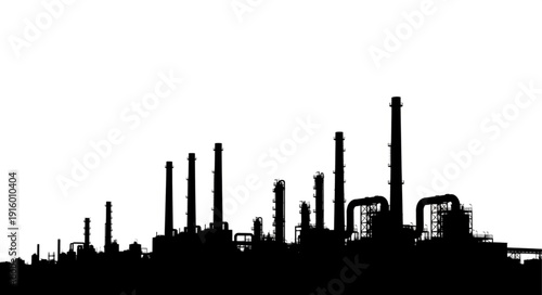 Silhouette of an industrial oil refinery complex against a white background.