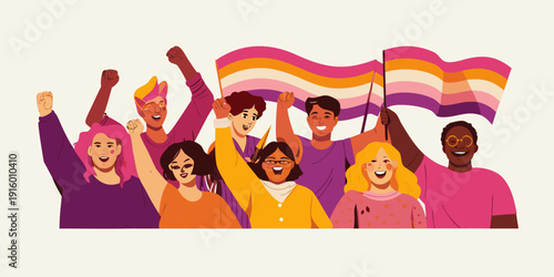 A diverse group of people celebrate with a lesbian pride flag raised high