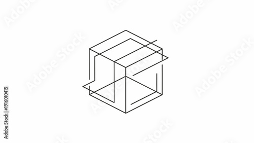 Line drawing of a transparent cube with a cutaway section on a white background, showcasing its internal structure in a simple, technical illustration style.