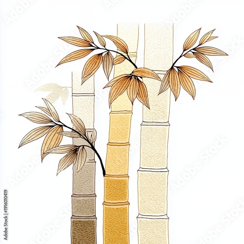 Wallpaper Mural Detailed Beige and Brown Bamboo Illustration with Delicate Leaves Torontodigital.ca