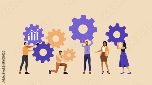 Teamwork and collaboration illustrated with gears and people working together