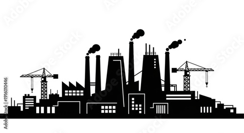 Silhouette of industrial factory buildings with smokestacks emitting smoke.