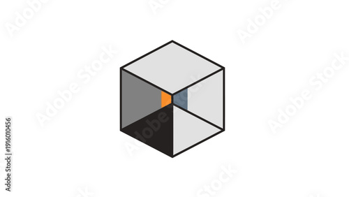 A 3D cube rendered in grayscale with a small orange dot at the center, showcasing various shaded sections in a technical illustration style on a neutral background.
