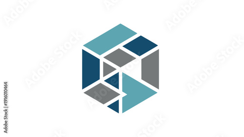 Geometric 3D cube logo composed of blue, gray, and teal blocks with white lines on a white background.