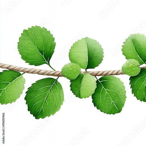 Wallpaper Mural Detailed Botanical Illustration of Green Leaves and Buds on a Branch Torontodigital.ca