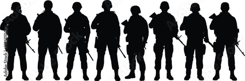 Military soldiers silhouette standing in line with rifles, armed army squad team concept, special forces troops isolated on white background, war security illustration.