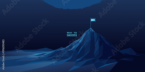 A digital illustration of a mountain peak with a flag symbolizing success