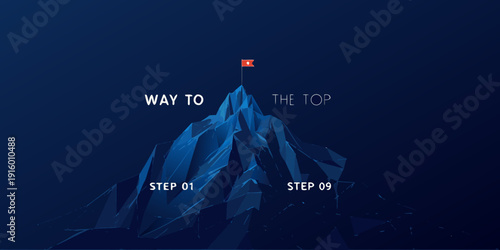 A polygonal mountain peak with a flag symbolizing success and achievement