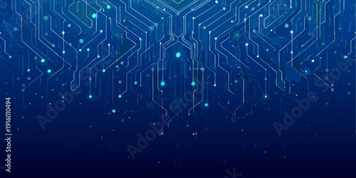 Abstract blue background with intricate circuit board and digital network patterns