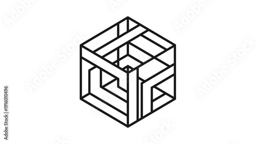 A black line drawing of a 3D cube maze with multiple paths on a white background in a geometric and abstract style.