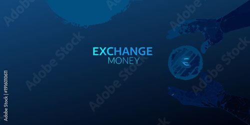 Hands exchanging money with a digital euro symbol on a blue background