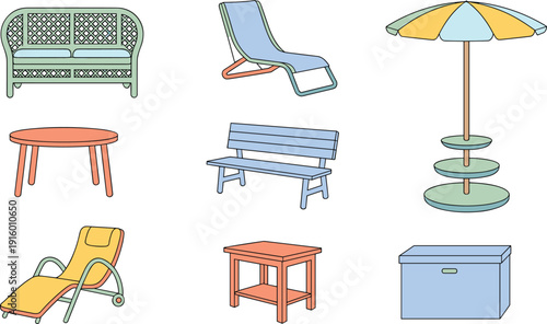 Outdoor furniture set illustration including sofa, sun lounger, umbrella table, bench, round table and storage box, colorful garden patio objects isolated on white background.