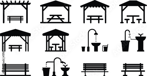 Park shelter and picnic pavilion silhouette icon set with pergola, gazebo, benches, picnic tables, drinking fountain, water tap, and outdoor facilities isolated on white.