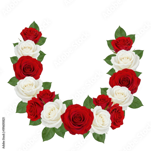 Beautiful red and white roses floral wreath design isolated on transparent background