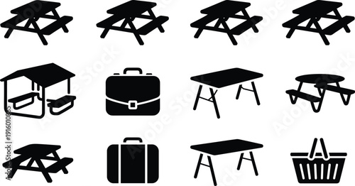 Picnic and outdoor travel silhouette icon set with picnic table, tent shelter, suitcase, briefcase, basket and camping furniture collection isolated on white background.
