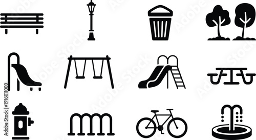 Public park icon set including bench, street lamp, trash bin, trees, playground slide, swing, picnic table, bicycle, fire hydrant and fountain isolated on white.