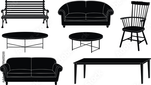 Set of furniture silhouettes including sofa, bench, chair and tables, modern home interior and outdoor seating icons isolated on white background.