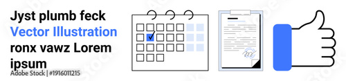 Task organization, productivity, approval, schedule planning, digital workflow, project management. Calendar with checkmark, signed document thumbs-up icon. Task management and productivity concept