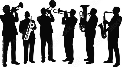 Silhouette of jazz band musicians playing trumpet, trombone, saxophone and tuba instruments, group of professional performers isolated on white background vector illustration.