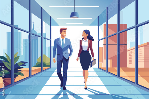 Two confident business professionals converse in a bright office hallway with floor‑to‑ceiling windows and city views, representing teamwork, leadership, and success.