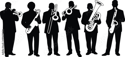 Silhouette of jazz band musicians playing trumpet, trombone, saxophone and tuba instruments, professional music performers group isolated on white background illustration.
