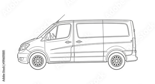 Sketch of a modern cargo van side view isolated on white.